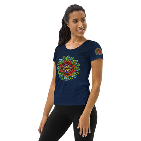 Ecstatic Mandala Navy Women's Athletic T-shirt - Martin K Designs