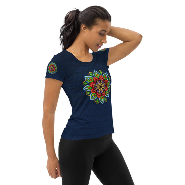 Ecstatic Mandala Navy Women's Athletic T-shirt - Martin K Designs