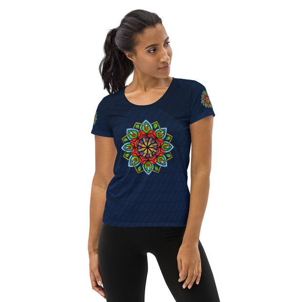 Ecstatic Mandala Navy Women's Athletic T-shirt - Martin K Designs