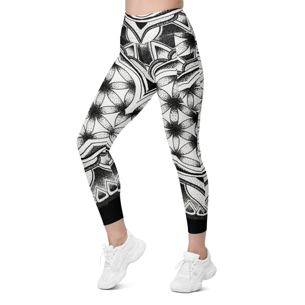 Flower of Life I Mandala 12 Black Capri High Rise Leggings with pockets - Martin K Designs