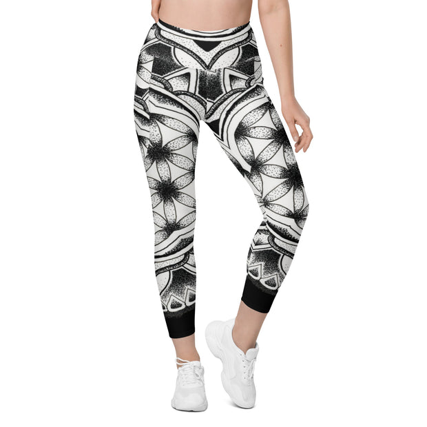 Flower of Life I Mandala 12 Black Capri High Rise Leggings with pockets - Martin K Designs