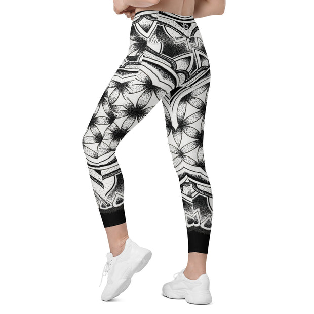 Flower of Life I Mandala 12 Black Capri High Rise Leggings with pockets - Martin K Designs