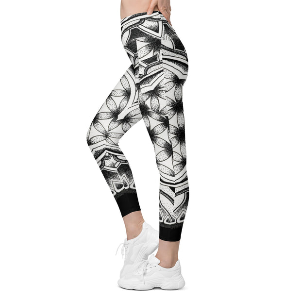 Flower of Life I Mandala 12 Black Capri High Rise Leggings with pockets - Martin K Designs
