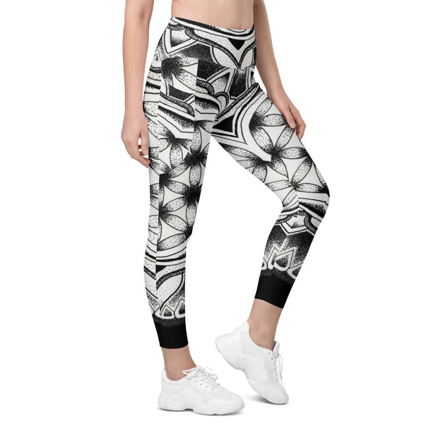 Flower of Life I Mandala 12 Black Capri High Rise Leggings with pockets - Martin K Designs