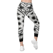 Flower of Life I Mandala 12 Black Capri High Rise Leggings with pockets - Martin K Designs