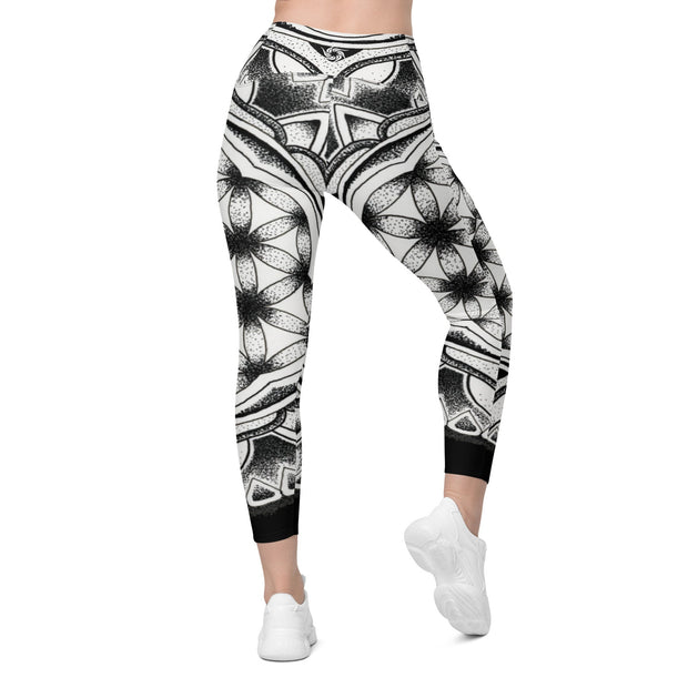 Flower of Life I Mandala 12 Black Capri High Rise Leggings with pockets - Martin K Designs