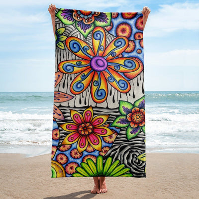 Flowers Over Dark Beach Towel - Martin K Designs