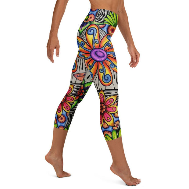 Flowers Over Dark High Rise Yoga Capri Leggings with Inside Pocket - Martin K Designs