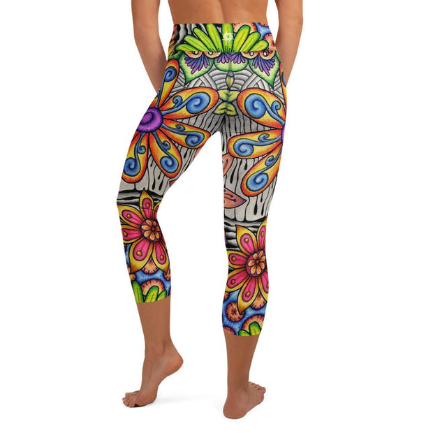 Flowers Over Dark High Rise Yoga Capri Leggings with Inside Pocket - Martin K Designs