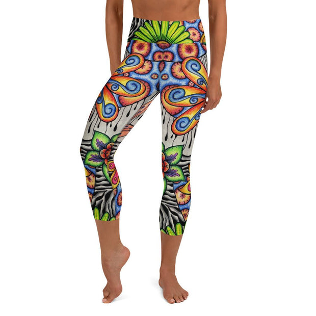 Flowers Over Dark High Rise Yoga Capri Leggings with Inside Pocket - Martin K Designs