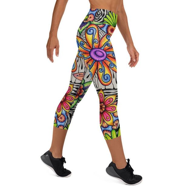 Flowers Over Dark High Rise Yoga Capri Leggings with Inside Pocket - Martin K Designs