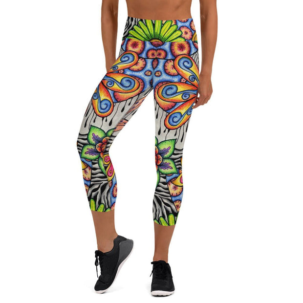 Flowers Over Dark High Rise Yoga Capri Leggings with Inside Pocket - Martin K Designs