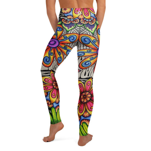 Flowers Over Dark High Rise Yoga Leggings with Inside Pocket - Martin K Designs