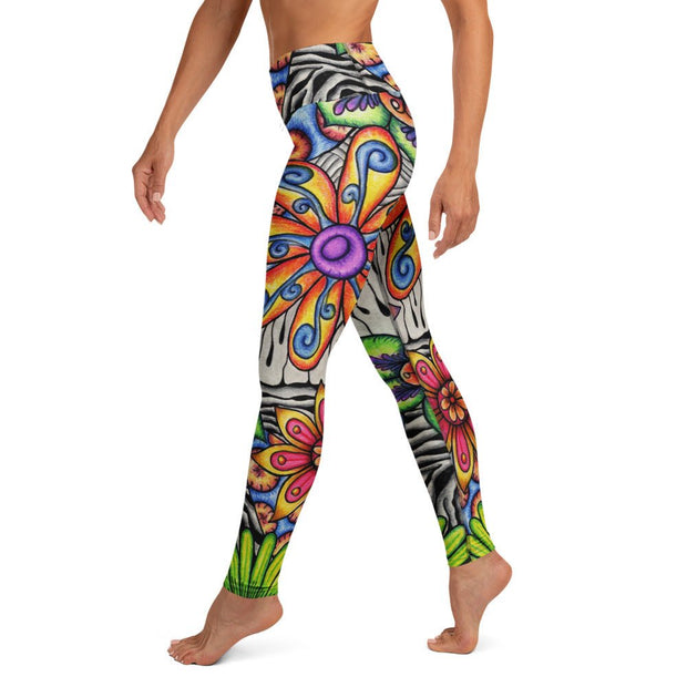 Flowers Over Dark High Rise Yoga Leggings with Inside Pocket - Martin K Designs