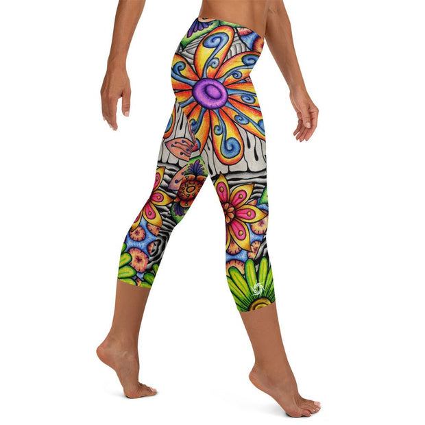 Flowers Over Dark Mid Rise Capri Leggings - Martin K Designs