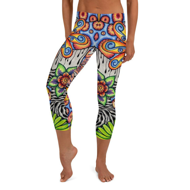 Flowers Over Dark Mid Rise Capri Leggings - Martin K Designs