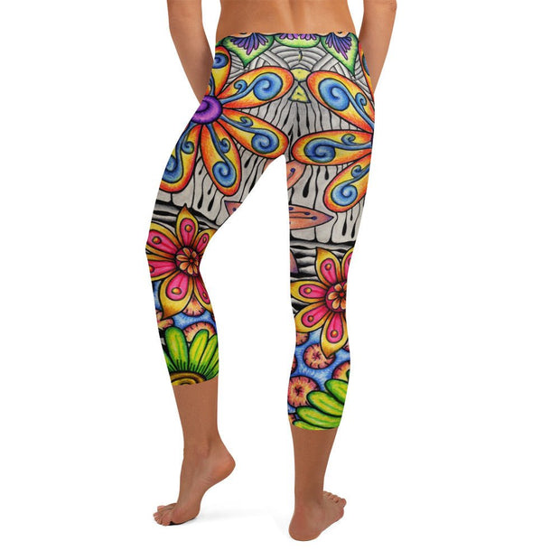Flowers Over Dark Mid Rise Capri Leggings - Martin K Designs
