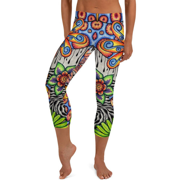 Flowers Over Dark Mid Rise Capri Leggings - Martin K Designs