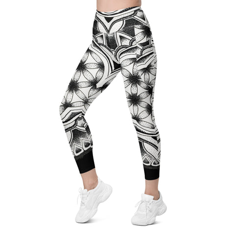 Mandala 12 Black Capri High Rise Leggings with pockets - Martin K Designs