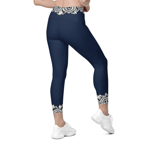 Mandala 25 Navy Blue Capri High Rise Leggings with pockets - Martin K Designs