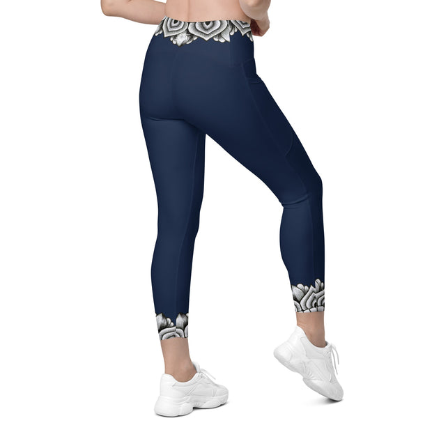 Mandala 25 Navy Blue Capri High Rise Leggings with pockets - Martin K Designs