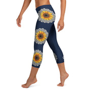Mandala 25 Sunflower Mid Rise Capri Leggings Dark Blue - Martin K Designs