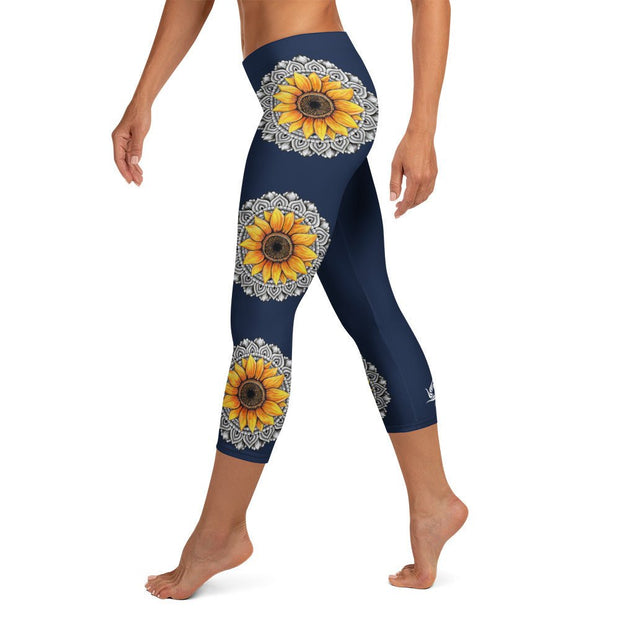 Mandala 25 Sunflower Mid Rise Capri Leggings Dark Blue - Martin K Designs