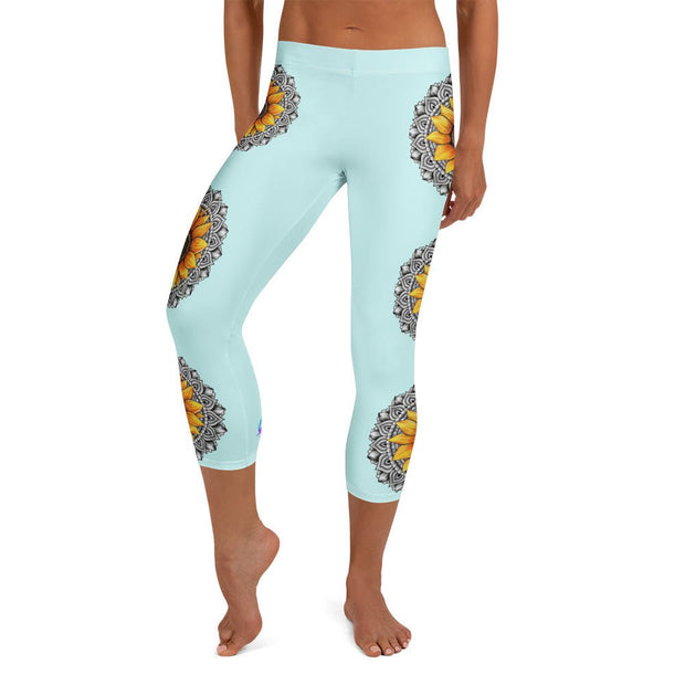 Mandala 25 Sunflower Mid Rise Capri Leggings Light Blue - Martin K Designs