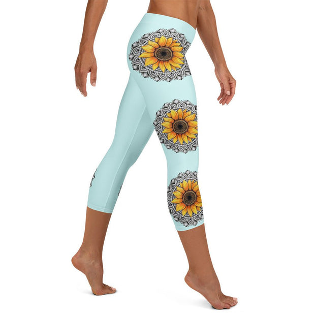Mandala 25 Sunflower Mid Rise Capri Leggings Light Blue - Martin K Designs