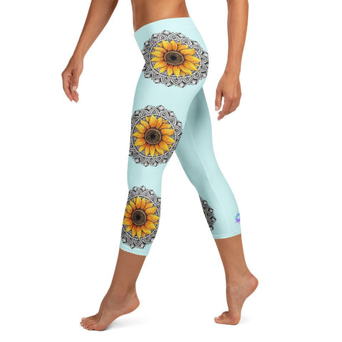 Mandala 25 Sunflower Mid Rise Capri Leggings Light Blue - Martin K Designs
