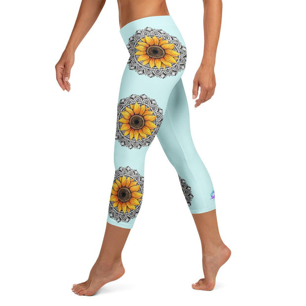 Mandala 25 Sunflower Mid Rise Capri Leggings Light Blue - Martin K Designs