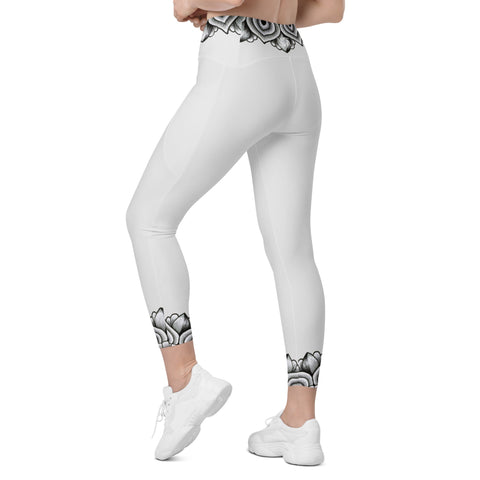 Mandala 25 Whisper Grey Capri High Rise Leggings with pockets - Martin K Designs