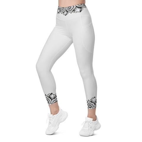 Mandala 25 Whisper Grey Capri High Rise Leggings with pockets - Martin K Designs