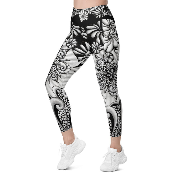Mandala Burst High Rise Yoga Capri Leggings with Pockets - Martin K Designs