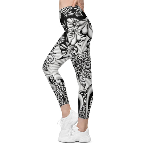 Mandala Burst High Rise Yoga Capri Leggings with Pockets - Martin K Designs