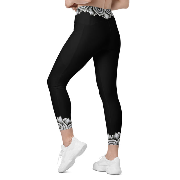 Restful Mandala Black Capri High Rise Leggings with pockets - Martin K Designs