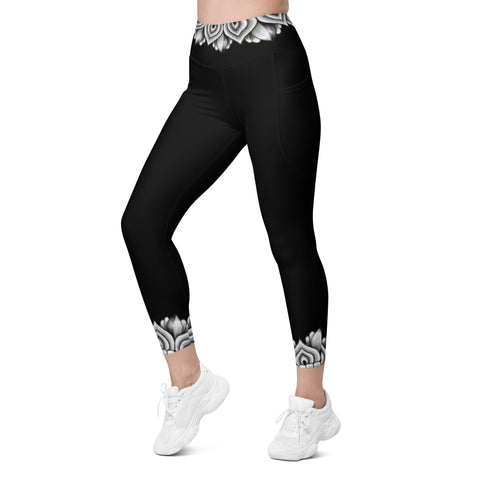 Restful Mandala Black Capri High Rise Leggings with pockets - Martin K Designs