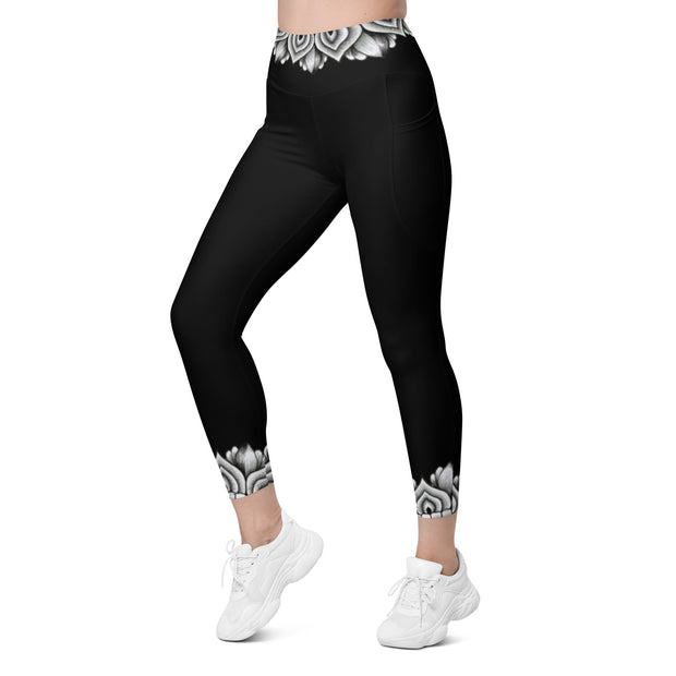 Restful Mandala Black Capri High Rise Leggings with pockets - Martin K Designs