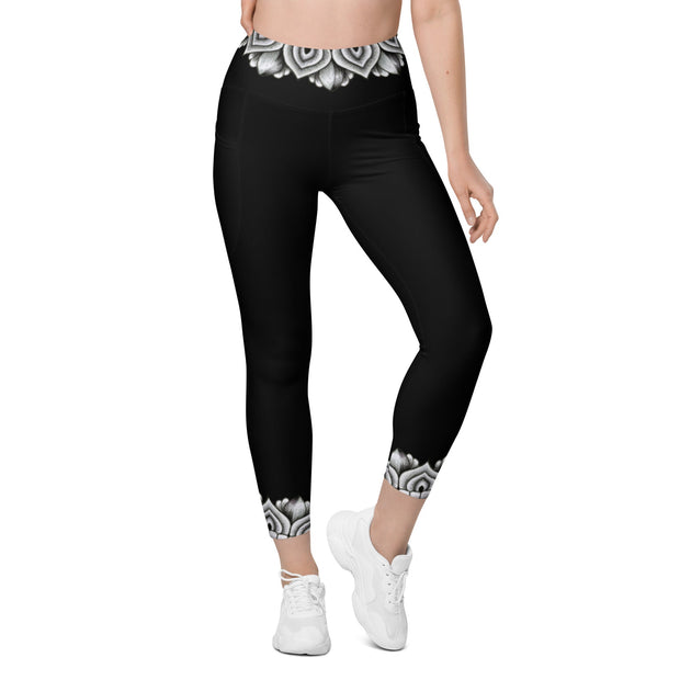 Restful Mandala Black Capri High Rise Leggings with pockets - Martin K Designs