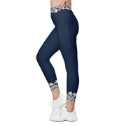 Restful Mandala Navy Blue Capri High Rise Leggings with pockets - Martin K Designs