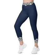 Restful Mandala Navy Blue Capri High Rise Leggings with pockets - Martin K Designs