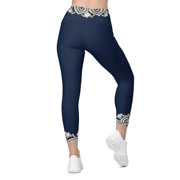 Restful Mandala Navy Blue Capri High Rise Leggings with pockets - Martin K Designs