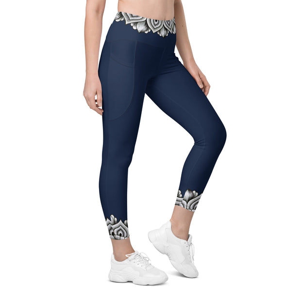 Restful Mandala Navy Blue Capri High Rise Leggings with pockets - Martin K Designs
