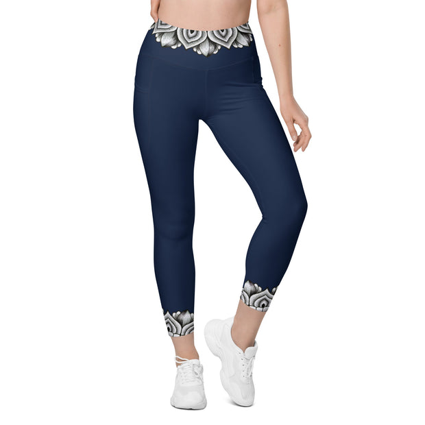 Restful Mandala Navy Blue Capri High Rise Leggings with pockets - Martin K Designs