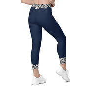 Restful Mandala Navy Blue Capri High Rise Leggings with pockets - Martin K Designs