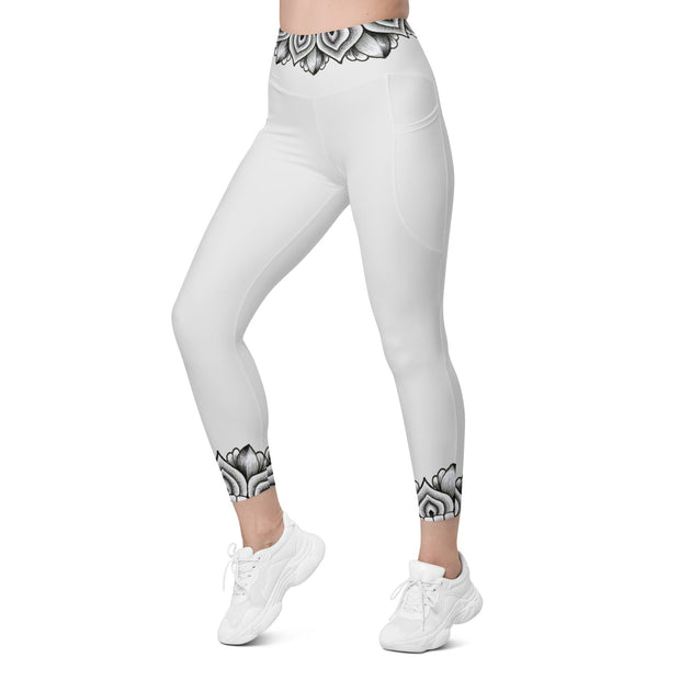 Restful Mandala Whisper Grey Capri High Rise Leggings with pockets - Martin K Designs