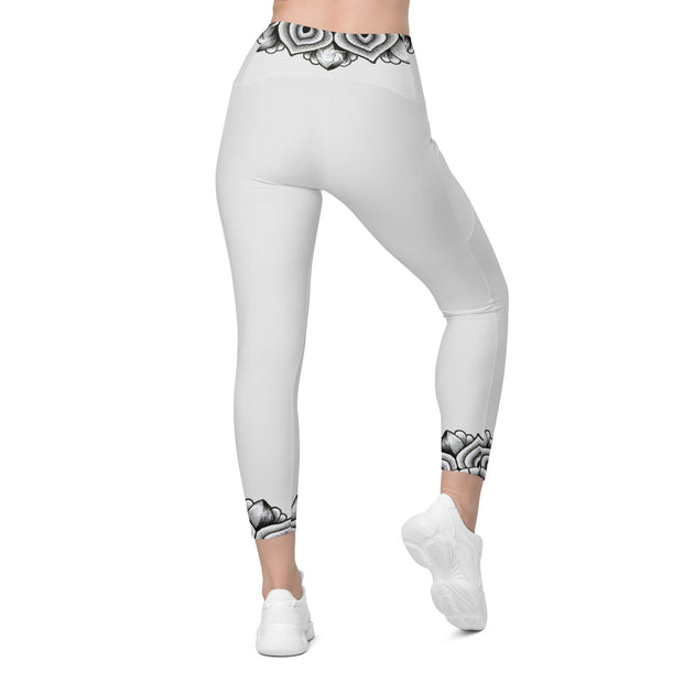 Restful Mandala Whisper Grey Capri High Rise Leggings with pockets - Martin K Designs
