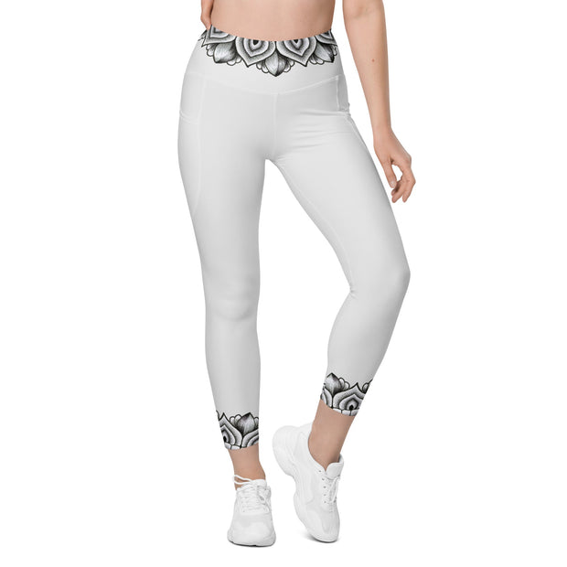 Restful Mandala Whisper Grey Capri High Rise Leggings with pockets - Martin K Designs