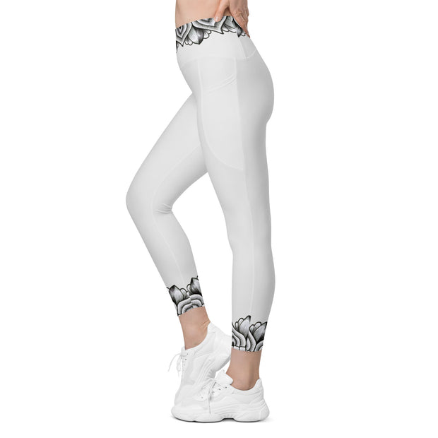 Restful Mandala Whisper Grey Capri High Rise Leggings with pockets - Martin K Designs
