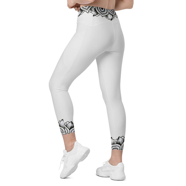 Restful Mandala Whisper Grey Capri High Rise Leggings with pockets - Martin K Designs